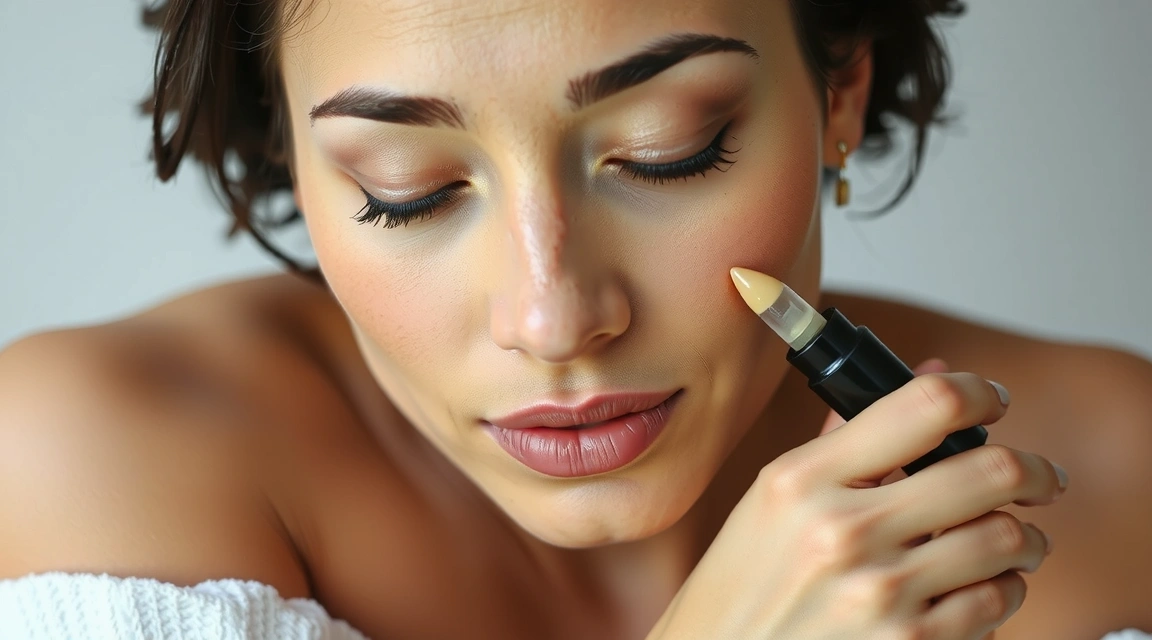 A serene image showing a woman applying a face serum, with soft, diffused lighting and a focus on healthy, glowing skin. High-quality, warm tones.