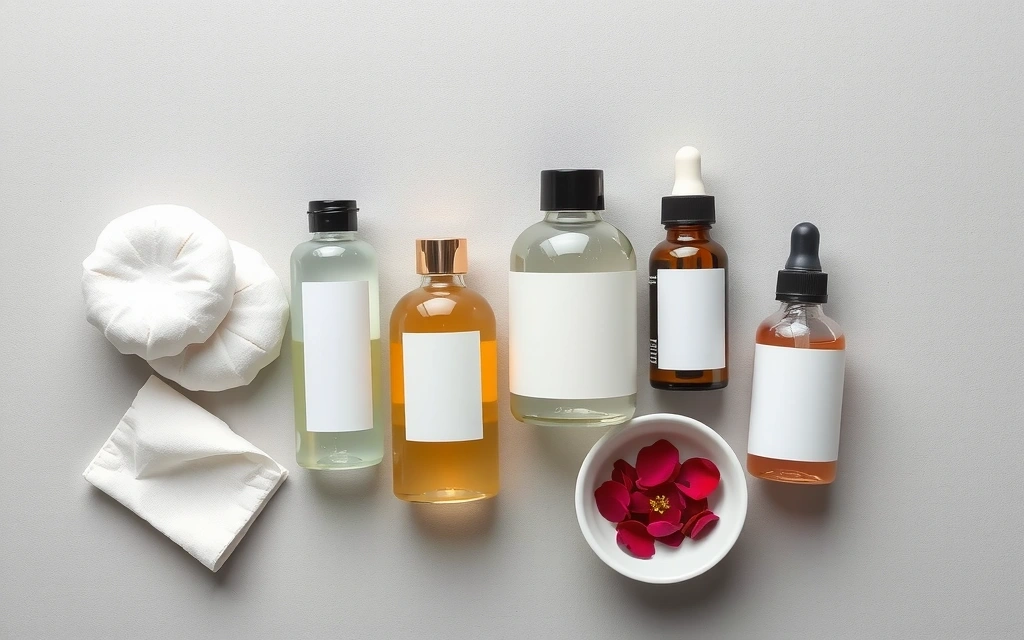 A collection of gentle toners and essences in elegant glass bottles, with soft focus background.