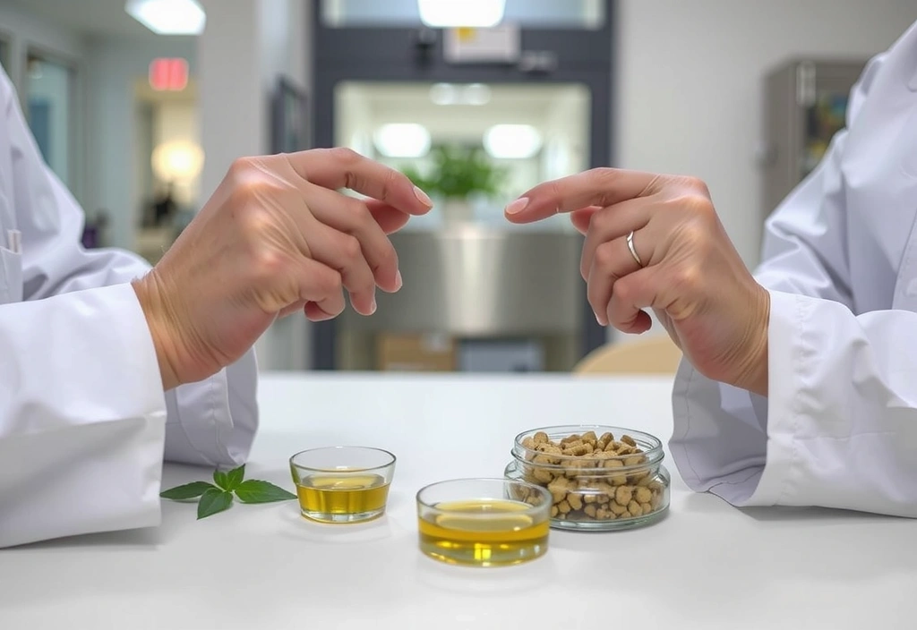 A close-up of a scientist's hands working with natural plant extracts in a modern lab, symbolizing a scientific approach to natural products.