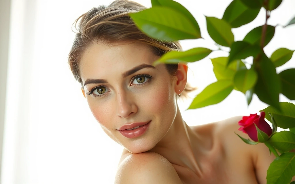 A radiant woman with clear, glowing skin, surrounded by soft, natural light and delicate floral elements, conveying beauty and serenity.